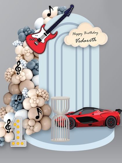 The design render for the music and motors theme. This shows the clean, modern aesthetic with a pastel color palette, which I then transformed with dynamic lighting for the actual event.