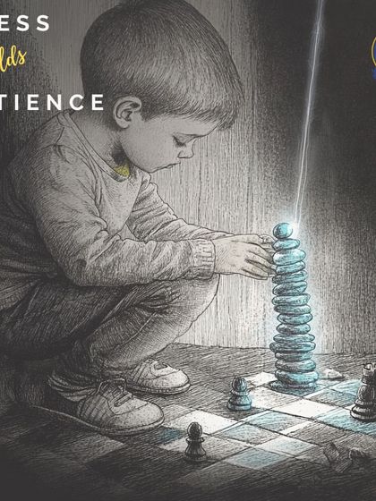Chess builds patience. A child carefully stacks stones on a chessboard, a metaphor for the calm, deliberate thought process that chess cultivates.