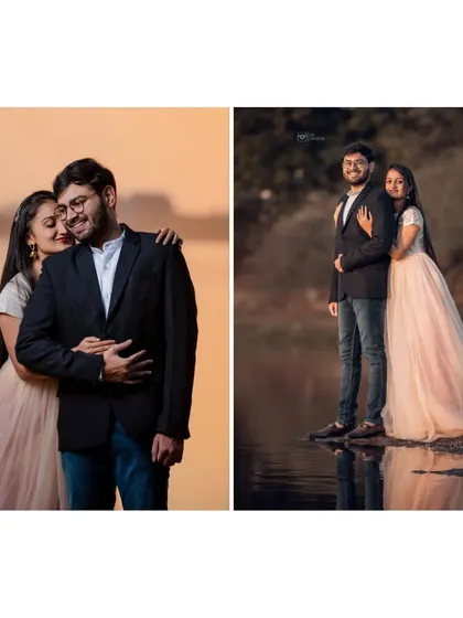 Two different scenes from a couple's shoot. One is a warm, golden hour embrace by the water, and the other is a classic portrait by the lake, showing versatile looks.