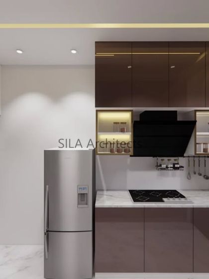 A render of a sleek, modern kitchen with brown lacquered cabinets and a built-in hob and chimney, part of our European-themed interior design package.