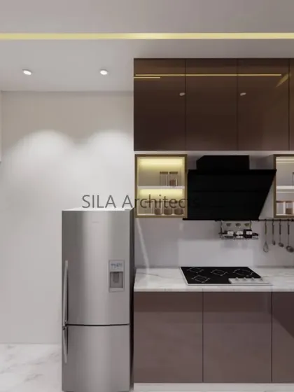 A render of a sleek, modern kitchen with brown lacquered cabinets and a built-in hob and chimney, part of our European-themed interior design package.
