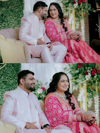 A diptych of the couple sharing a happy, candid moment while seated at their engagement ceremony.