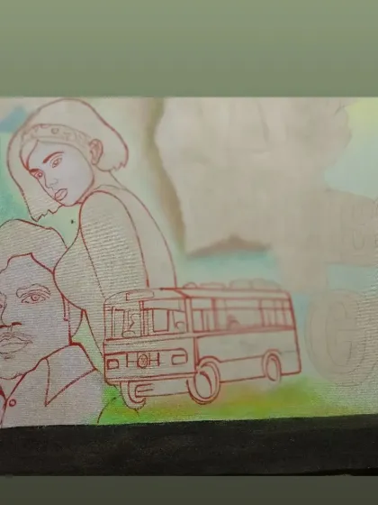 The initial sketch phase, showing the layout for the supporting characters and the bus on the 'Bombay to Goa' poster.