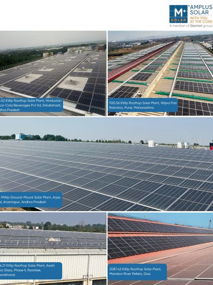 A collage of our recently commissioned on-site solar projects across India, including rooftop and ground-mount plants for clients like Coca-Cola, Wipro, and Asahi India Glass. We deliver tailored, future-ready energy solutions for businesses nationwide.