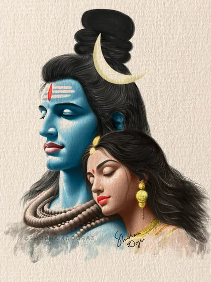 A digital painting of Shiv and Shakti, representing the divine balance of the universe. This style is perfect for creating modern yet traditional art for your home, using a rich color palette on a digital canvas.
