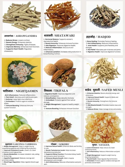 This chart showcases some of the most powerful herbs I work with, like Ashwagandha for stress, Shatavari for hormonal balance, and Trifala for digestion. During our consultation, we will identify which of these ancient remedies can help you on your path to wellness.