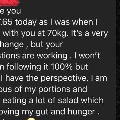 This client's feedback shows that progress isn't always about perfection. By becoming more conscious of her portions and adding more salad to her diet, she's already seeing improvements in her gut health and hunger management, proving that small, consistent changes lead to big results.