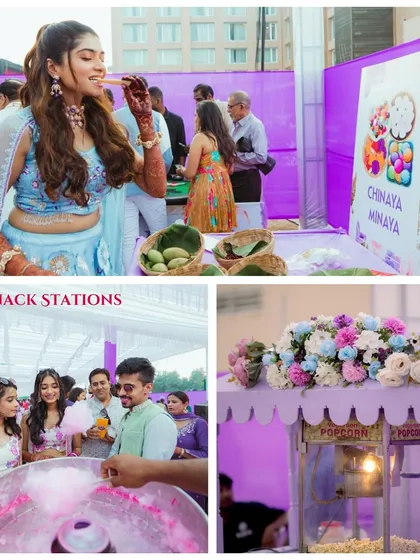 Live snack stations are a must for a carnival party. We set up popcorn machines, cotton candy stalls, and local chaat counters.