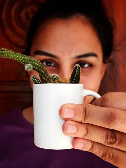 Who says you need a proper pot? This little peanut cactus is thriving in a tiny espresso mug, making for a cute and quirky windowsill decoration.