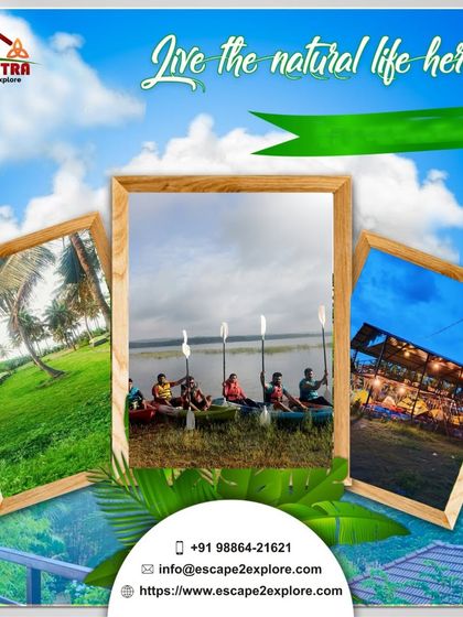 Live the natural life here. This graphic highlights the green landscape, the group kayaking, and the cozy night setup.