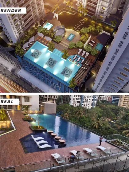 We believe in turning vision into reality. This comparison of the initial 3D render and the final completed pool deck at Ekta Tripolis, Mumbai, shows our commitment to delivering exactly what we promise, with precision and quality.