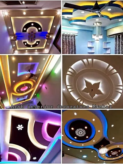 This collage showcases gypsum board ceiling light designs, with a focus on bright colors and creative, flowing shapes.