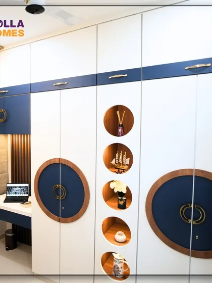The full view of the custom wardrobe and study unit, showcasing how we integrated storage and a workspace into a single, cohesive piece of furniture to maximize space.