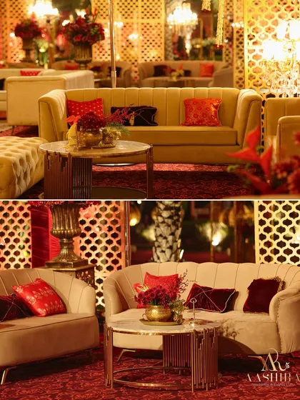 The lounge seating was designed for comfort and style, with plush sofas, rich red and gold cushions, and elegant coffee tables, all set against ornate jali screens.