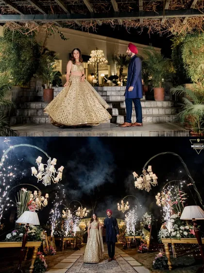 A collage showing the couple's grand entry to their reception, walking down an aisle lit by chandeliers and sparklers.