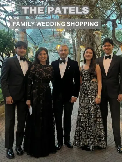 This is the result of a wonderful family shopping experience for the Patel family's destination wedding in Sicily. We curated every look, from a stunning Sabyasachi gown to a bespoke Shantanu & Nikhil Jodhpuri, ensuring they looked and felt incredible.