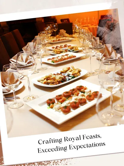 I am dedicated to crafting royal feasts that exceed expectations. This image shows a beautifully set table with multiple platters of appetizers, ready for guests to enjoy in a fine-dining setting.