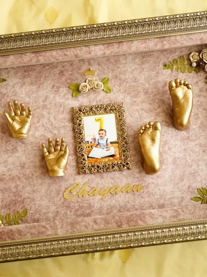 This is one of my premium frame options, featuring an ornate, textured border. The golden casts and central photo are complemented by a textured background and delicate floral details for an elegant finish.