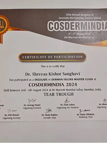 I believe in constant learning to provide the best and safest treatments. This is my certificate from a Dermal Fillers Master Class at COSDERMINIDA 2024, where I completed advanced training specifically for Tear Trough fillers to address under-eye hollows.