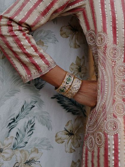 A close-up of the Rumeli and Amelia Bangles. Stacking bangles is a wonderful way to create a statement look for a festive occasion, and I can help you mix and match pieces from different collections.