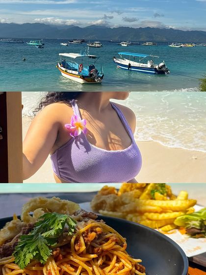 A collage of my Gili Islands experience: the boats, the beach, the bikini, and the food. It tells a complete story of a perfect day.