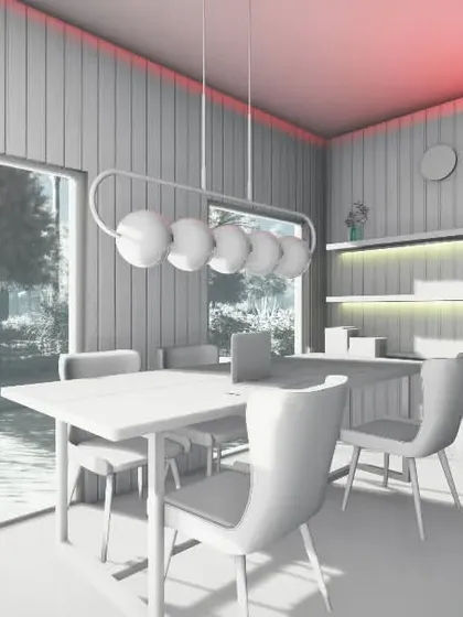 Here is the dining room scene again, this time as a 'clay render' or white model. This technique is used to study form, light, and shadow without the distraction of colors and materials.