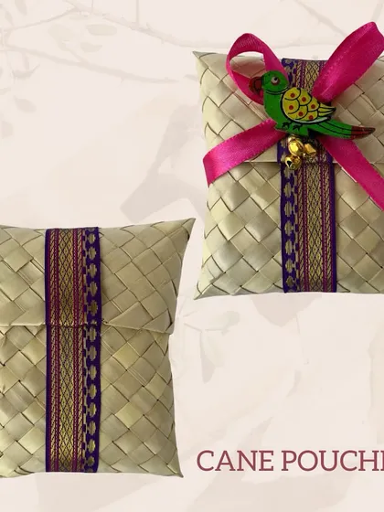 For eco-conscious celebrations, I offer these beautiful cane pouches. They are sustainable, stylish, and can be customized with ribbons and small embellishments to match your theme.