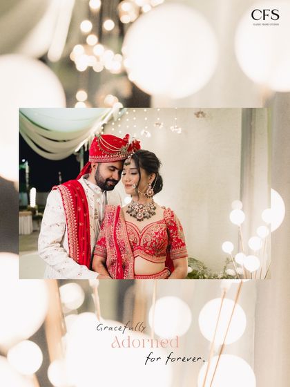 "Gracefully adorned for forever." A dreamy, artistic portrait of a North Indian couple, with soft bokeh lights creating a magical and romantic atmosphere.