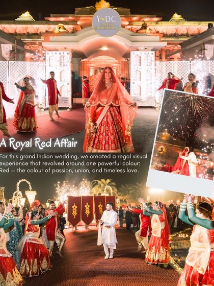 For this grand Indian wedding, we created 'A Royal Red Affair'. The entire visual experience revolved around the color red, symbolizing passion and timeless love, from the dancers' costumes to the lighting.