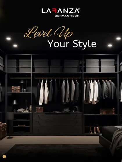 Level up your style with a wardrobe that is as sophisticated as you are. The dark, moody tones and organized layout create a space for quiet indulgence.