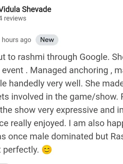 This Google review from a wonderful client, Vidula ji, truly made my day. Her words perfectly describe what I aim to do: single-handedly manage anchoring, magic, and games to ensure everyone is involved and has an impressive, expressive, and enjoyable time.