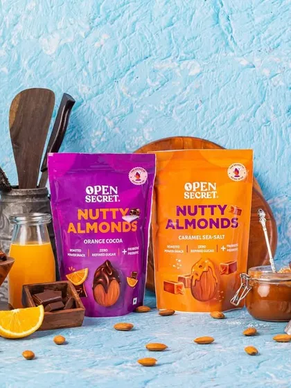 A vibrant product lineup of flavored nutty almonds. This type of group shot is perfect for showcasing product variety on a website or in a catalog.