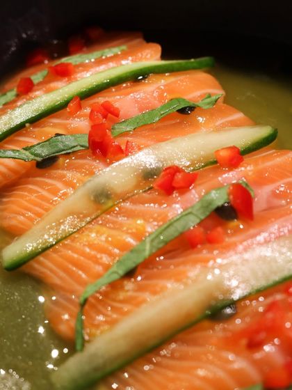 A beautiful plate of salmon sashimi with cucumber and chili from the Grumps, Goa pop-up. Their menu played with bold Asian flavors and a no-rules approach.