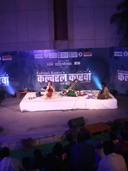 On stage for a sitar and cello jugalbandi at the Jashn-e-Adab Cultural Kaarva'n in Delhi. Performing in an open-air amphitheater as the sun sets creates a truly special atmosphere for the music.