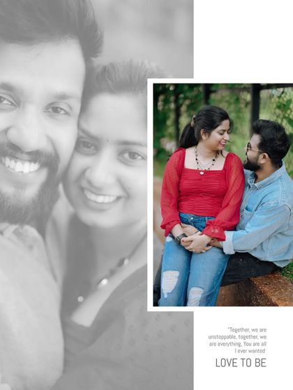 A creative collage combining a black and white close-up with a color portrait, celebrating the couple's love.