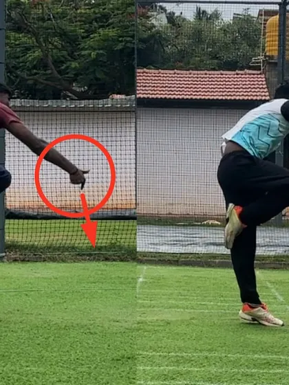 A closer look at the right-arm off-spinner's transformation. Notice the change in the non-bowling arm's direction. Correcting this helped align his shoulders and body towards the target for improved accuracy.