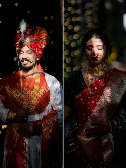 A split-screen portrait of a bride and groom, captured with dramatic lighting that highlights their traditional wedding attire.
