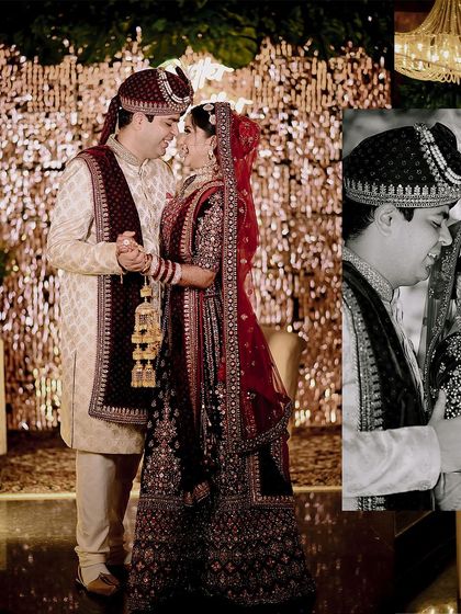 A collage that captures the couple's romantic dance and a close-up of their happy expressions. The warm, festive lights in the background add to the celebratory feel.