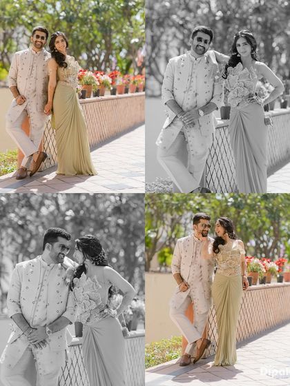 A four-panel collage with a mix of color and black-and-white photos, capturing different poses and candid interactions from a Mehendi shoot.