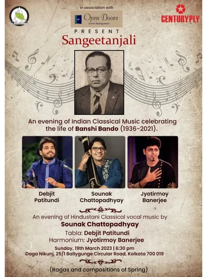 A poster for an evening of Hindustani classical vocal music with the amazing Sounak Chattopadhyay da, celebrating the ragas and compositions of Spring.