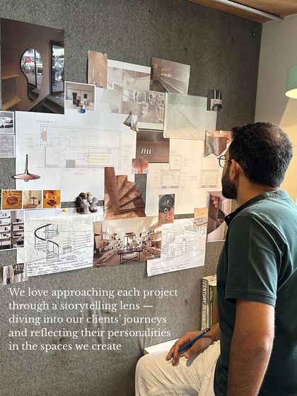 Siddhant reviewing a mood board, a visual representation of our storytelling approach. We dive into our clients' journeys to reflect their personalities in the spaces we create.