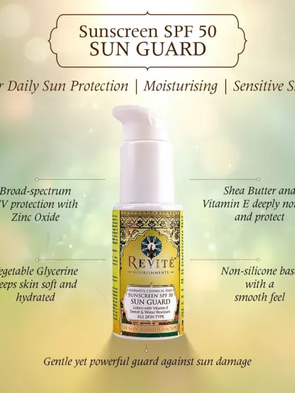 For those with sensitive or dry skin, I recommend my Sun Guard SPF 50. It provides gentle yet powerful daily protection with broad-spectrum Zinc Oxide, while Shea Butter, Vitamin E, and Vegetable Glycerine deeply nourish and hydrate without any silicones.