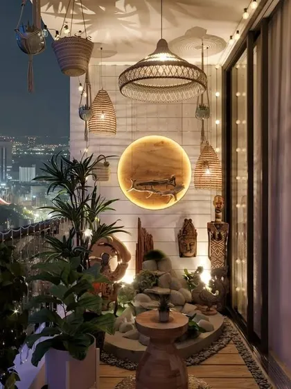 The right lighting is key for creating a perfect evening mood. This balcony features a variety of lighting solutions, including bohemian-style wicker pendant lamps and a backlit circular wall feature. This setup provides a warm, inviting glow for enjoying the space after dark.
