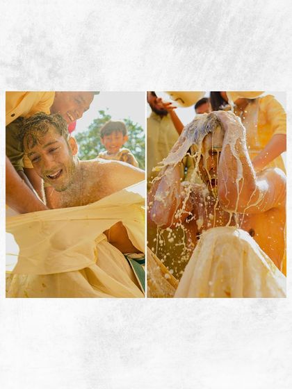 The groom gets the full Haldi treatment, with friends and family pouring water and paste in a moment of chaotic fun.