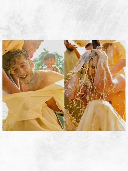 A groom gets playfully doused with milk or lassi by his friends during a fun moment at the Haldi ceremony.