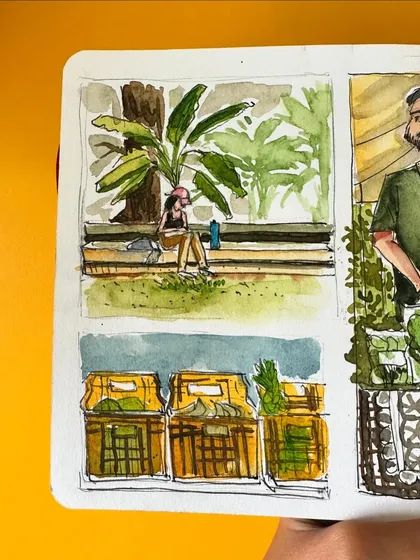 A detailed view of my watercolour grid from the farmer's market, showing people relaxing and vendors at their stalls.
