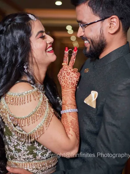 A candid and joyful interaction between the couple as the bride-to-be playfully shows off her engagement ring. These unposed moments add personality and warmth to your photo album.
