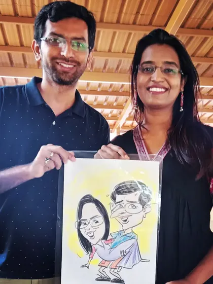 A playful couple caricature capturing a fun moment. My goal is to create art that reflects the subjects' personalities.