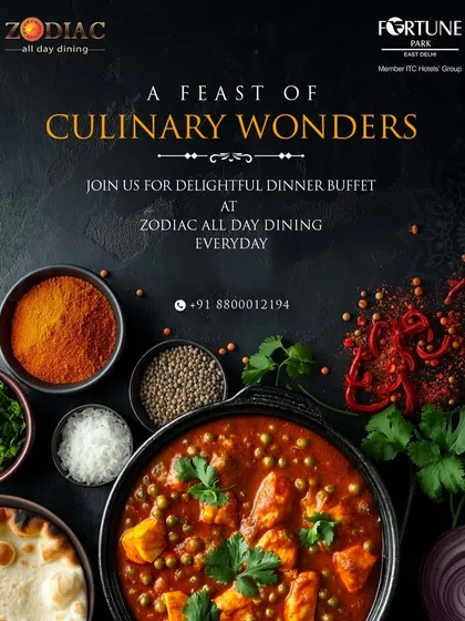 An advertisement for our delightful dinner buffet at Zodiac, inviting guests to a feast of culinary wonders every day.