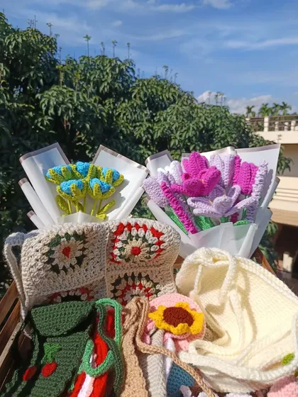 A collection of happy bulk orders, including custom bouquets and some of my crochet granny square bags.